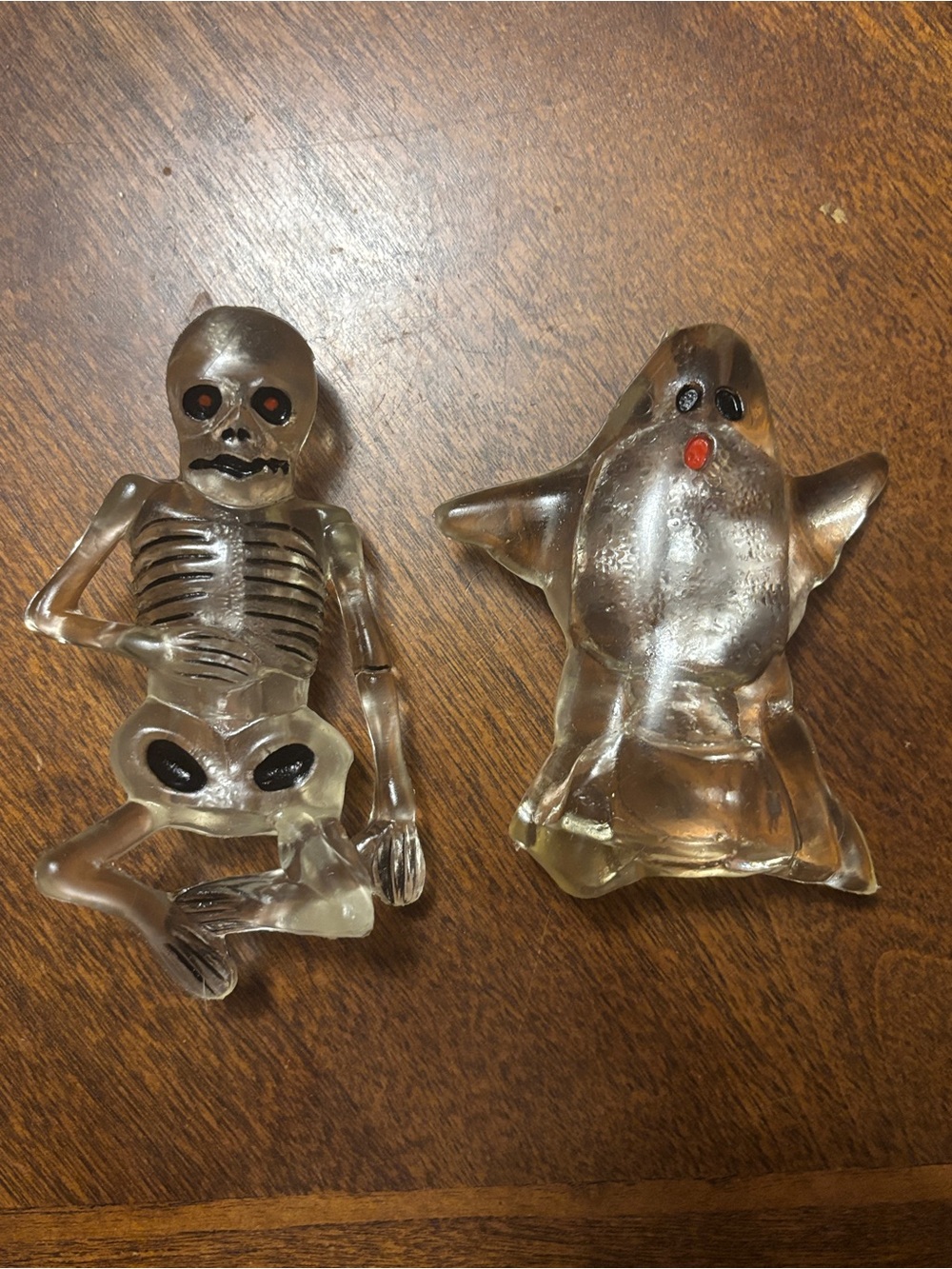 Vintage Clear Plastic Halloween Skeleton and Ghost Figurine Set